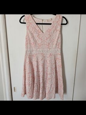 Altar'd State Pink and White Lace V-Neck Fit-and-Flare Dress